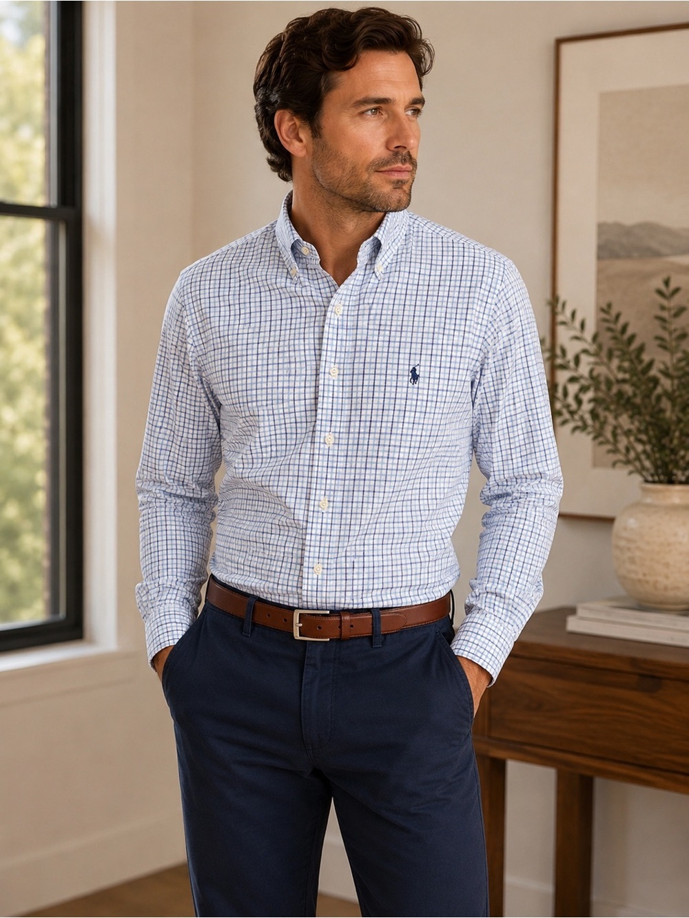 Ralph Lauren Blue White Check Men’s Dress Shirt Long Sleeve Collar XL button